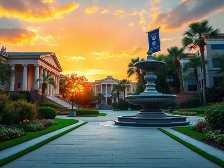 Flick International A picturesque university campus showcasing classical and modern architecture surrounded by southern flora