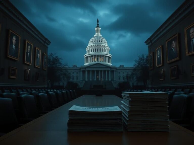 Flick International A somber image of the U.S. Capitol building at dusk with an empty Senate hearing room.
