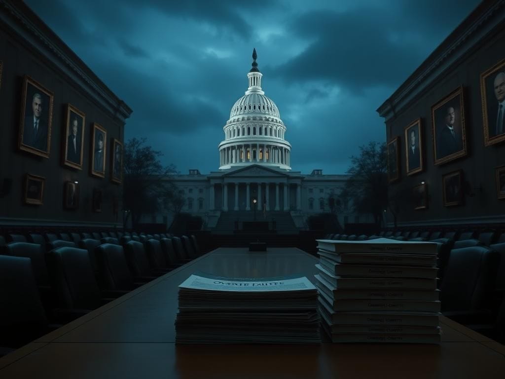 Flick International A somber image of the U.S. Capitol building at dusk with an empty Senate hearing room.