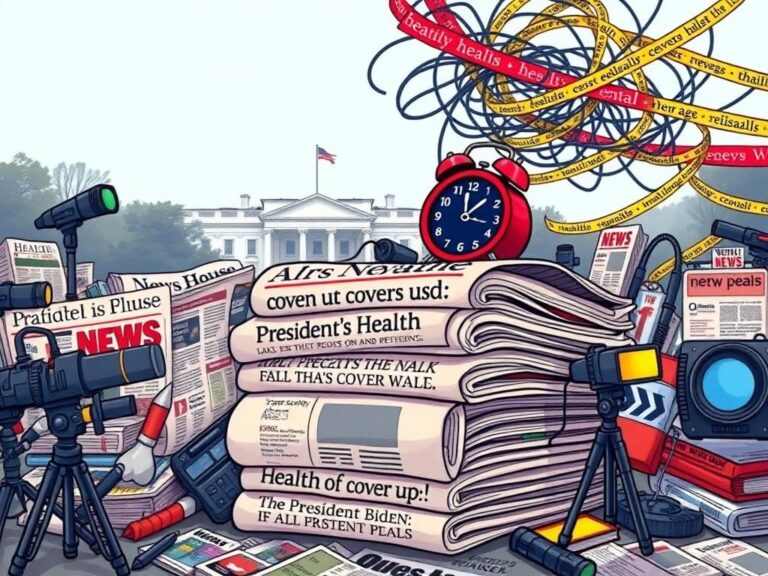 Flick International Cartoon illustration of chaotic media landscape with exaggerated headlines about President Biden's health and cover-up