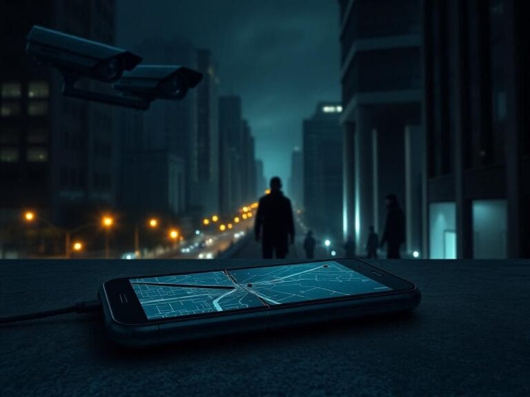 Flick International A dark cityscape of Mexico City at night, featuring glowing surveillance cameras and a cracked smartphone displaying digital maps.