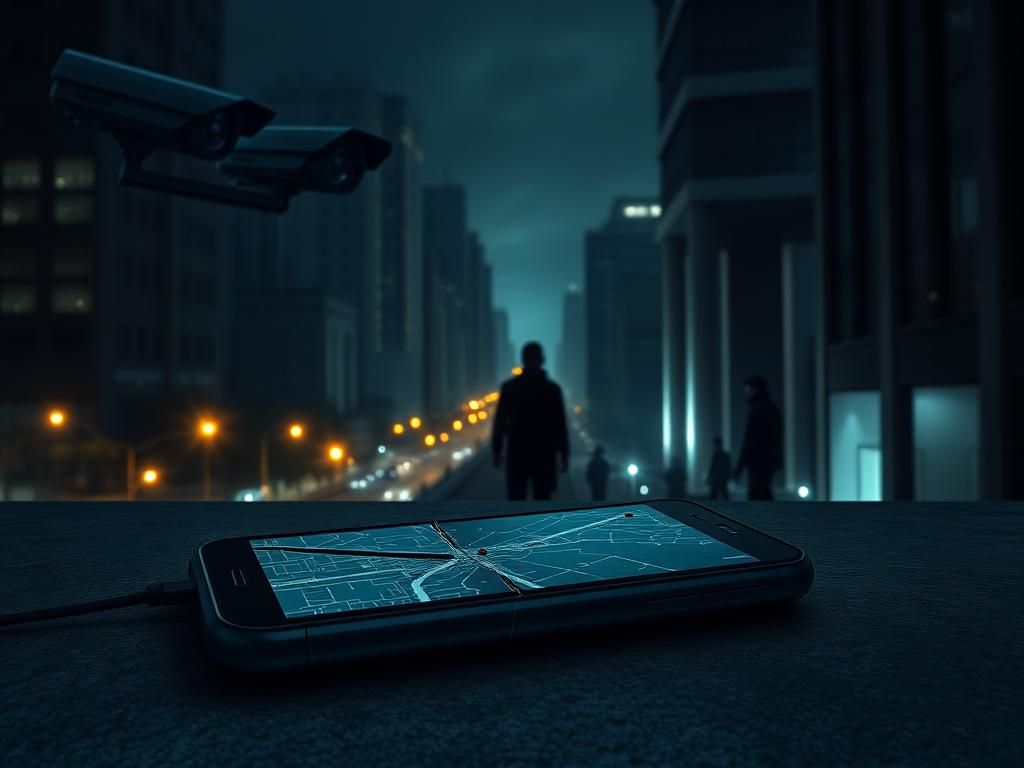 Flick International A dark cityscape of Mexico City at night, featuring glowing surveillance cameras and a cracked smartphone displaying digital maps.