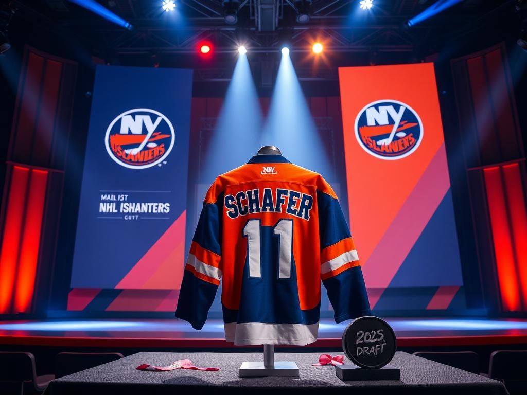 Flick International Image of the NHL draft stage set at the Peacock Theater featuring the New York Islanders' banners and jersey of No. 1 pick Matthew Schaefer.