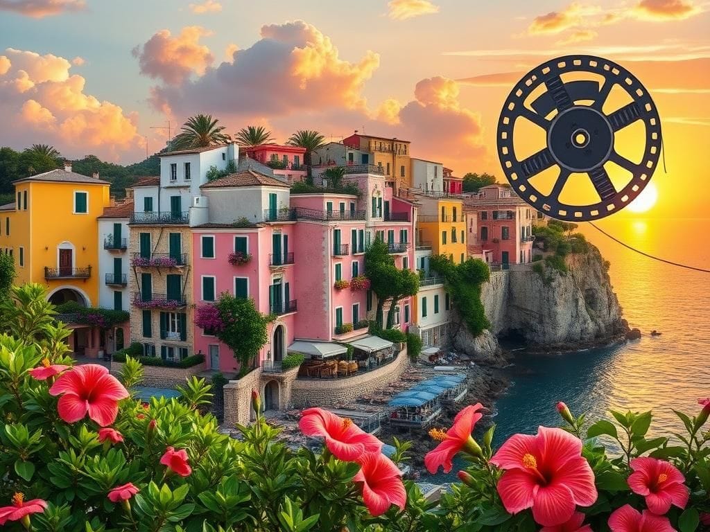 Flick International Vibrant coastal scene depicting the Italian coastline with colorful seaside buildings and lush greenery