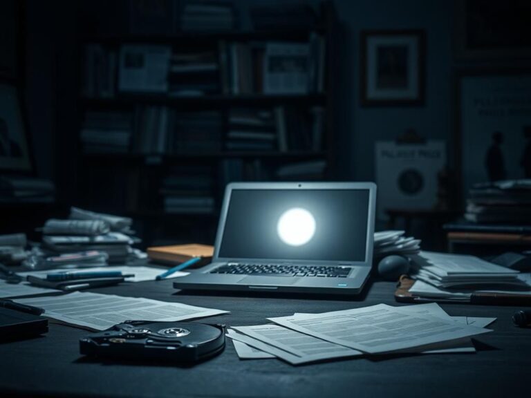 Flick International Dimly lit office space representing the tense atmosphere around a journalist's career