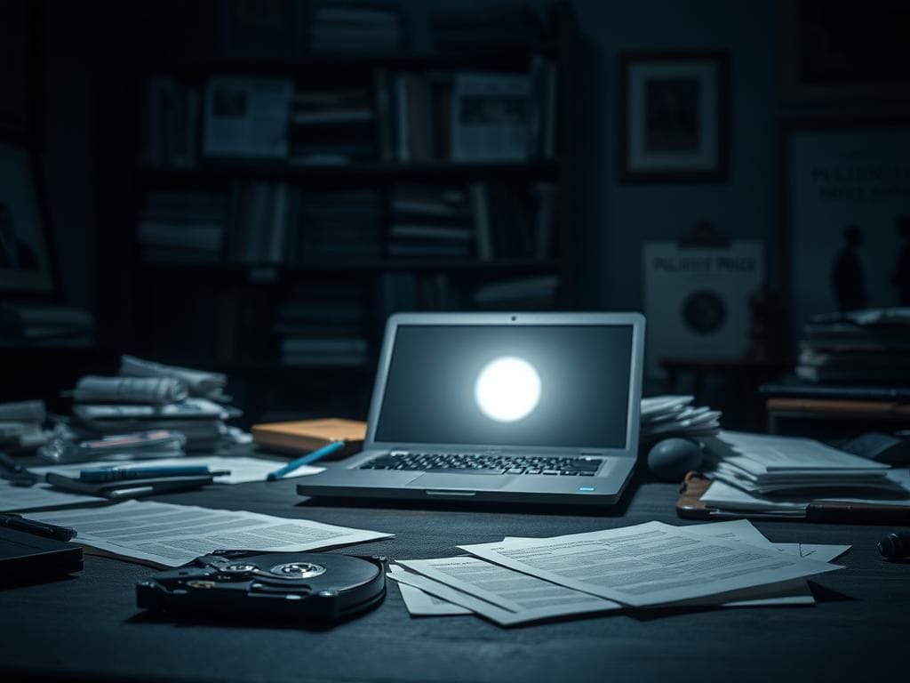 Flick International Dimly lit office space representing the tense atmosphere around a journalist's career