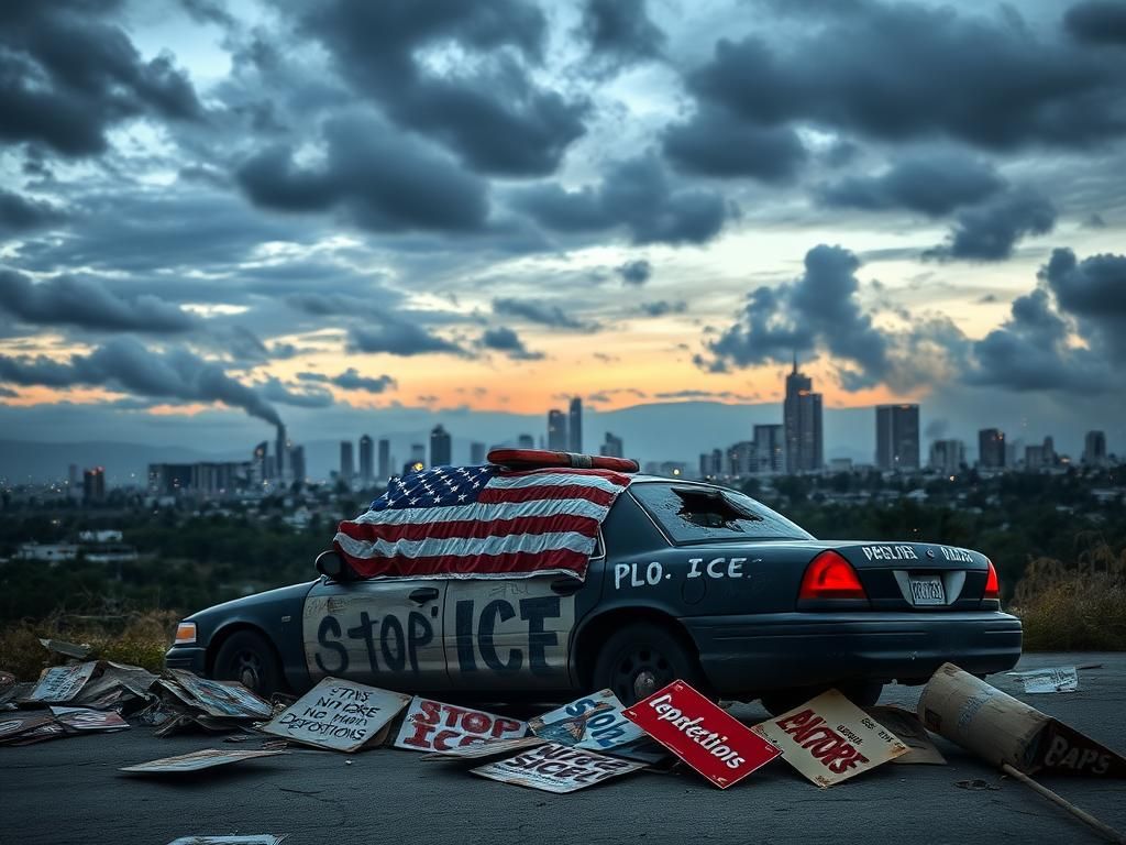 Flick International Dusk cityscape of Los Angeles depicting unrest with abandoned police car and protest remnants
