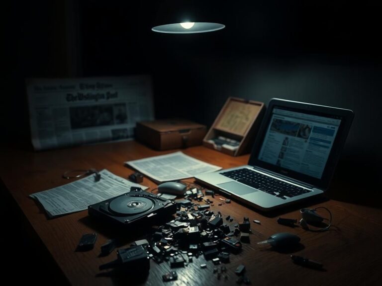 Flick International dimly lit room with a wooden desk and broken computer components depicting an unsettling atmosphere