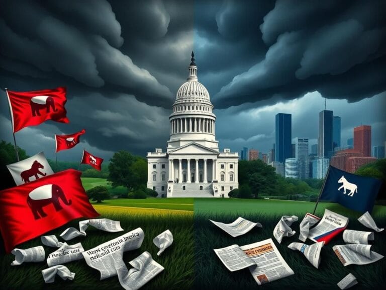Flick International A dramatic depiction of the New York State Capitol building surrounded by storm clouds symbolizing political tension.