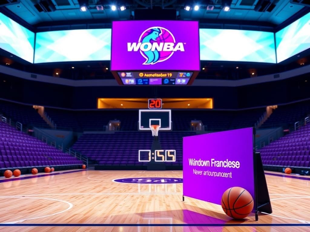 Flick International A modern basketball court featuring the WNBA logo in a vibrant arena