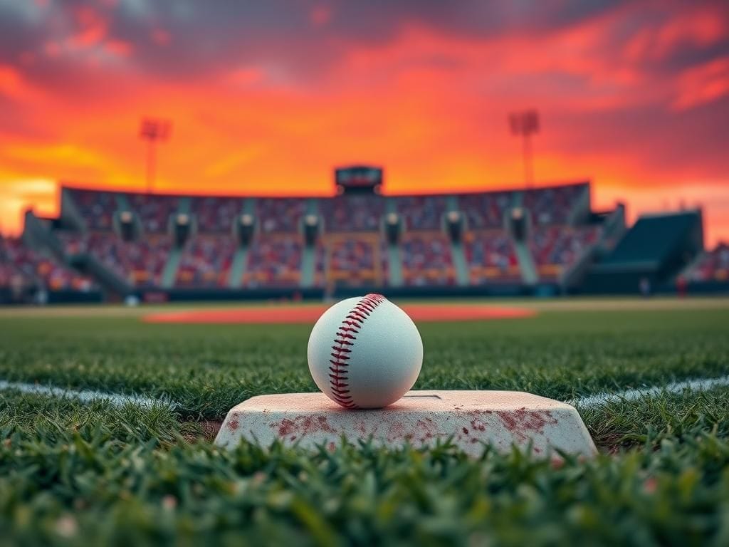 Flick International Close-up of a baseball diamond with a baseball near first base