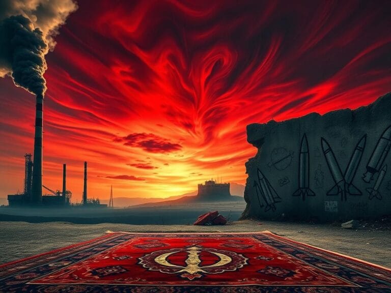 Flick International A dramatic landscape depicting tension between Iran and the United States with a traditional carpet, industrial smokestack, and military graffiti.