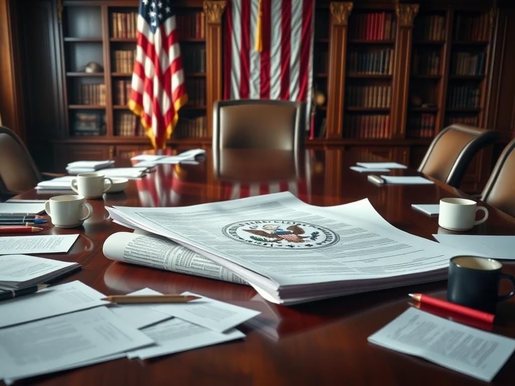 Flick International Large ornate legislative bill document on a polished wooden table amidst papers and coffee cups