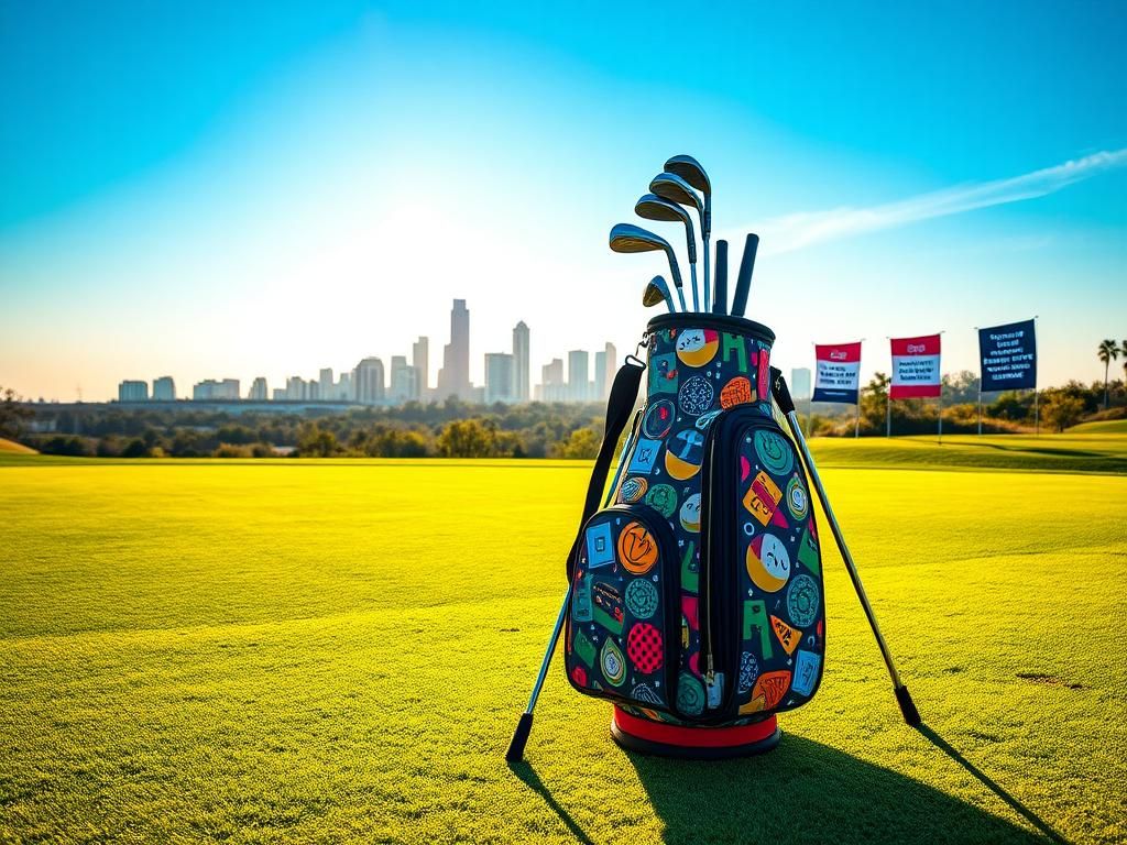Flick International Vibrant golf scene in Dallas showcasing youth initiative with diverse golf clubs and a colorful bag.