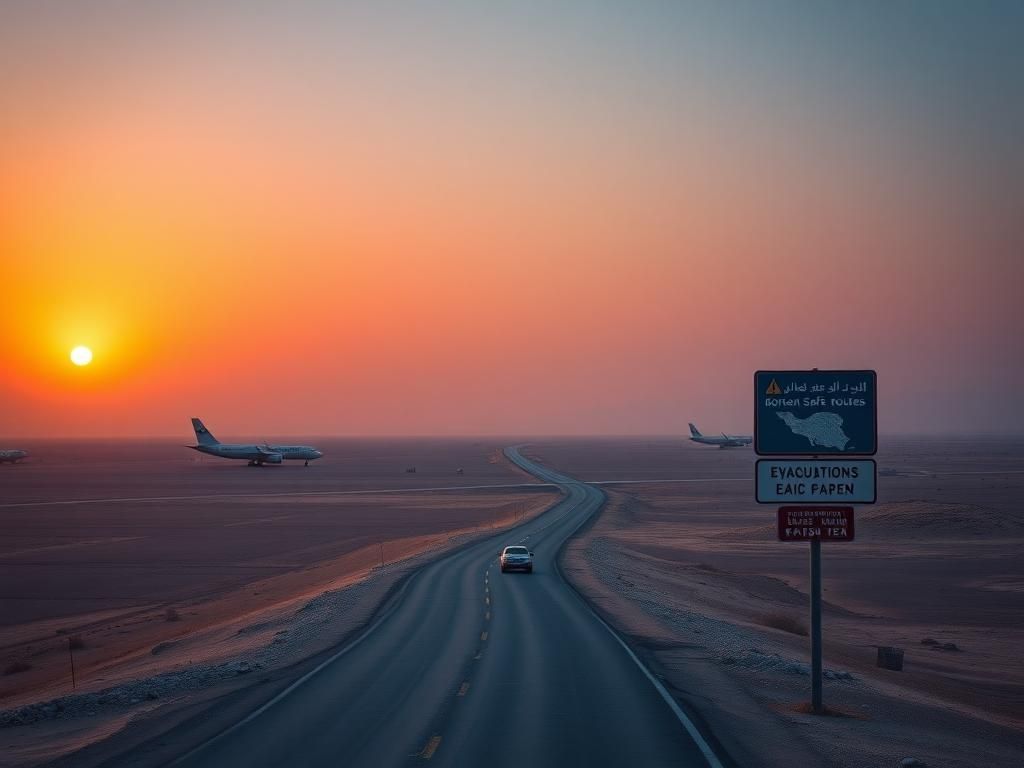 Flick International Aerial view of the Iran border region showing a road, grounded aircraft, and mountainous backdrop during sunset