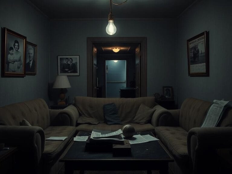 Flick International Dimly lit living room filled with family memories and an ominous doorway leading to a basement