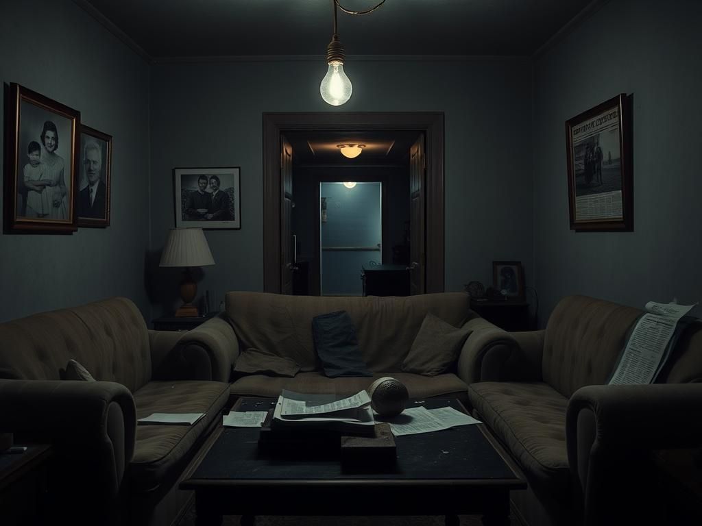 Flick International Dimly lit living room filled with family memories and an ominous doorway leading to a basement