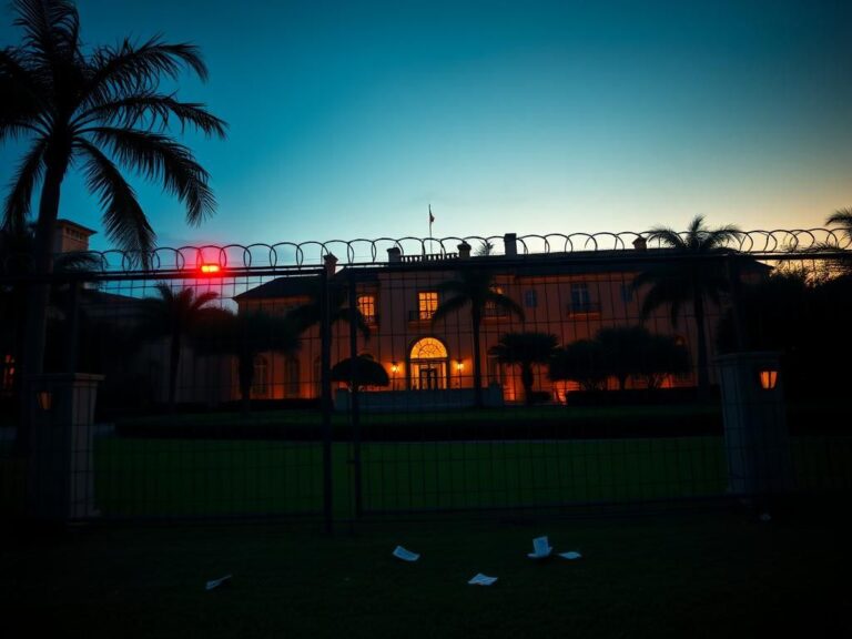 Flick International Man scaling the Mar-a-Lago wall surrounded by palm trees and a barbed-wire fence