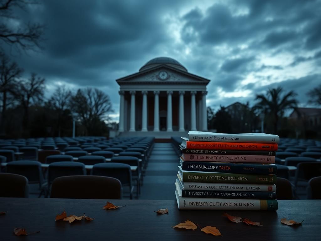 Flick International Empty university campus at dusk with the Rotunda of the University of Virginia in the background