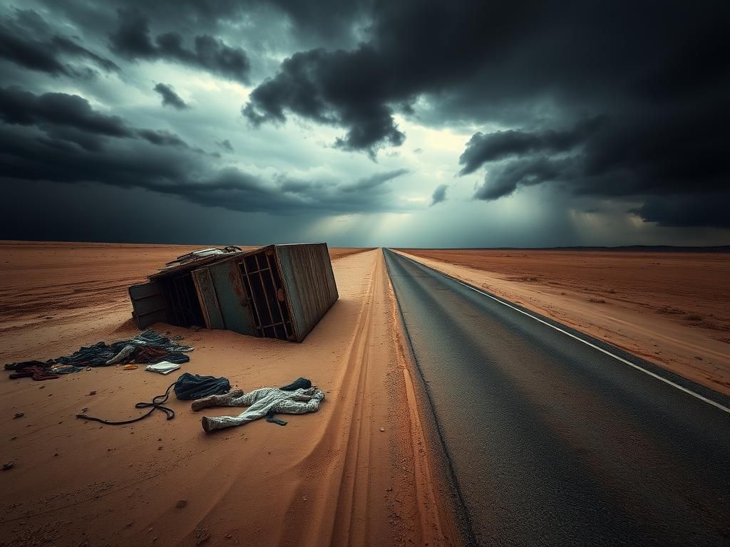 Flick International Desolate desert road with an overturned tractor trailer, indicating a tragic event