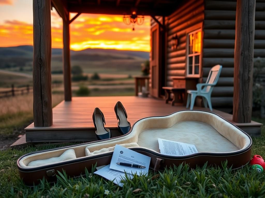 Flick International Scenic view of a rustic country-style home with high-heeled shoes on a porch at sunset