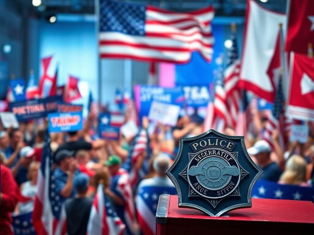 Flick International A vibrant rally scene depicting patriotic symbols and slogans with a police badge and American flag