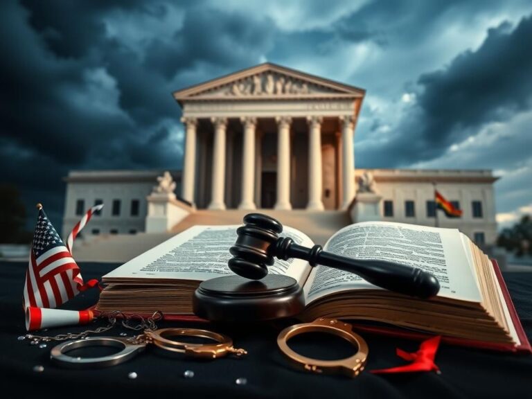 Flick International Dramatic scene of the Supreme Court with a gavel and law book against stormy clouds