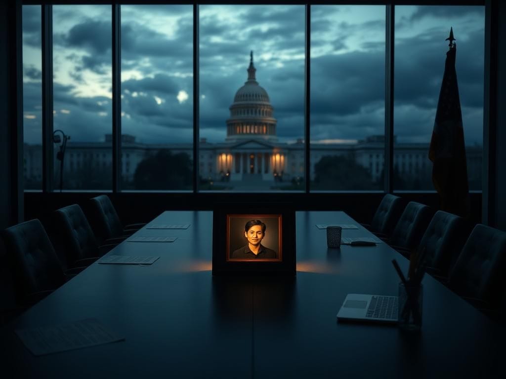 Flick International dimly lit conference room set for meeting with families of hostages held by Hamas