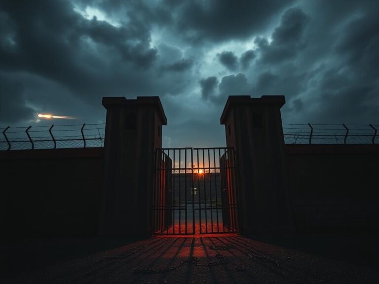 Flick International Exterior view of Evin Prison with ajar rusted gates and foreboding skies