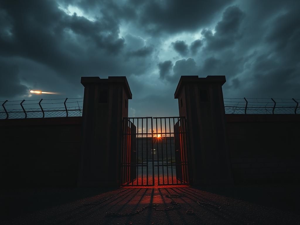 Flick International Exterior view of Evin Prison with ajar rusted gates and foreboding skies