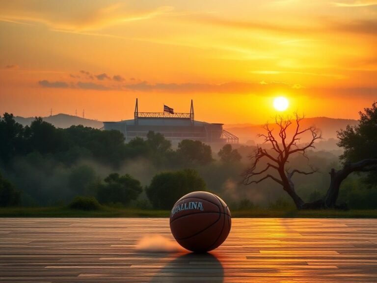 Flick International A serene South Carolina landscape at dawn featuring the Gamecock stadium and a basketball in the foreground