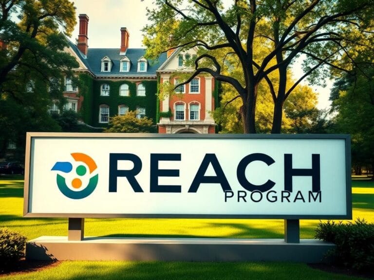 Flick International Conceptual representation of a university campus resembling Yale University with a focus on the REACH Program sign