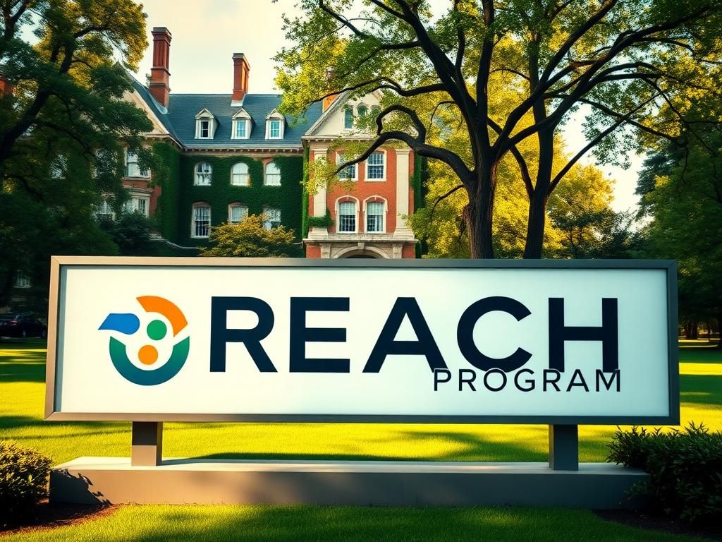 Flick International Conceptual representation of a university campus resembling Yale University with a focus on the REACH Program sign
