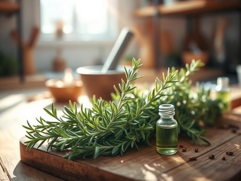 Flick International Close-up of fresh rosemary and sage leaves on a rustic wooden cutting board
