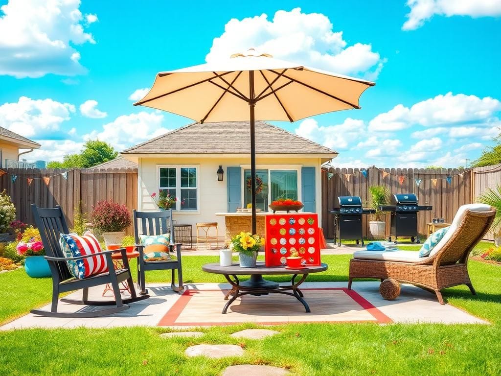 Flick International A vibrant outdoor space set for a Fourth of July celebration with stylish furniture and festive decorations.