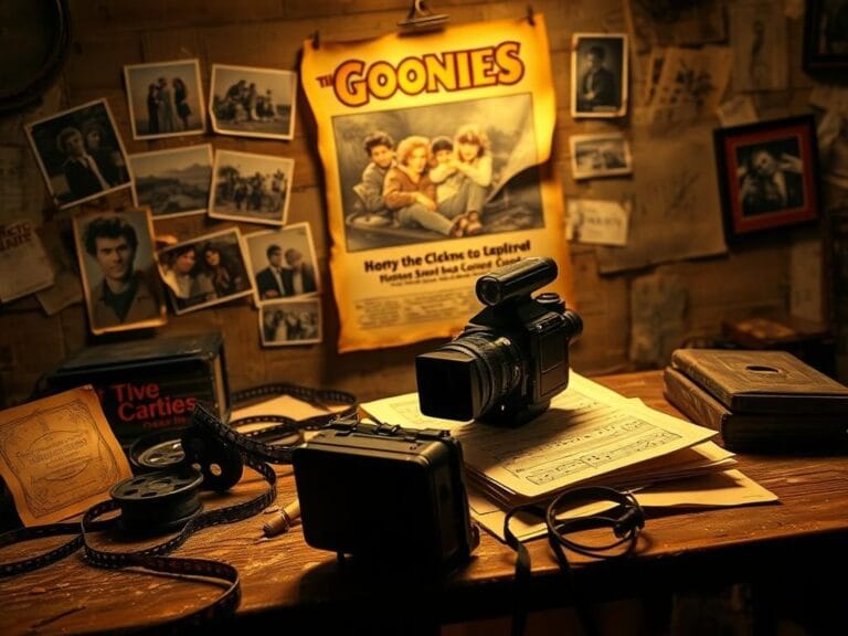 Flick International A nostalgic 1980s film set with vintage memorabilia, including a treasure map and old film reel.