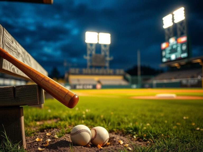 Flick International Worn baseball bat and ball in a dugout under stadium lights