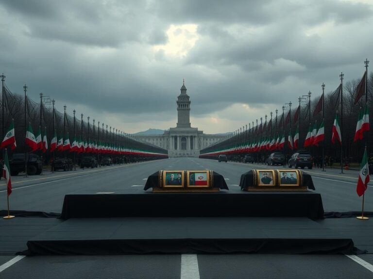 Flick International Empty street in Tehran adorned with black drapery and Iranian flags, featuring three ornate caskets.