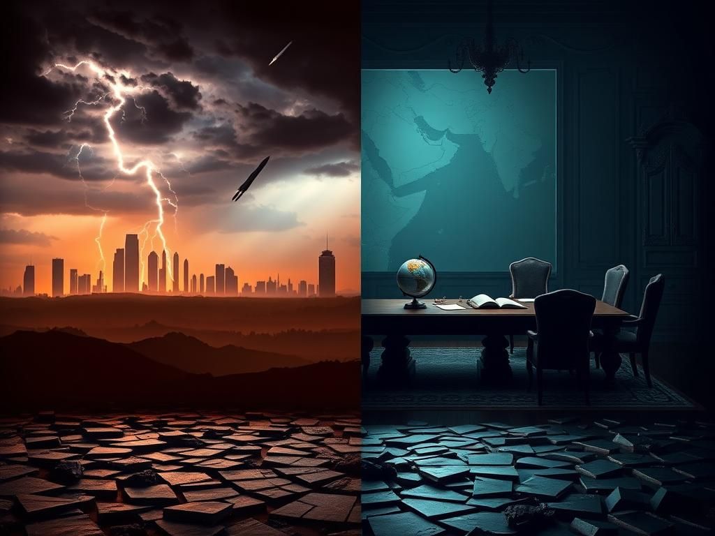 Flick International A dramatic split scene illustrating tension and diplomacy in the Middle East, featuring a turbulent landscape and a grand diplomatic room.