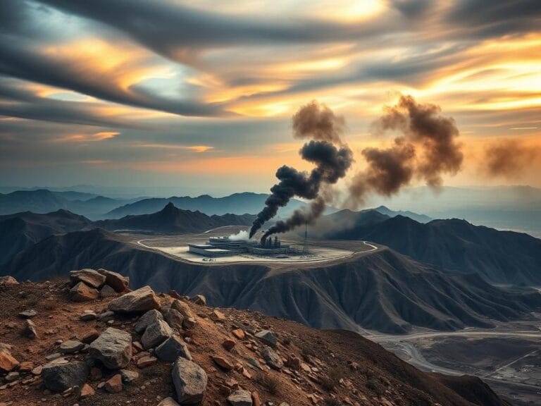 Flick International Aerial view of the Iranian landscape with the Natanz nuclear facility under dark smoke after recent airstrikes.