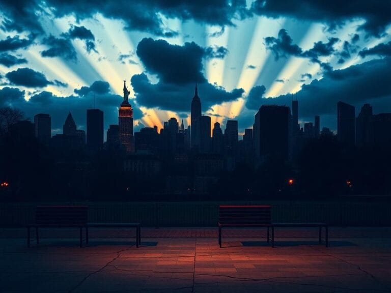 Flick International Dramatic urban landscape of New York City at dusk, featuring iconic skyline and Statue of Liberty