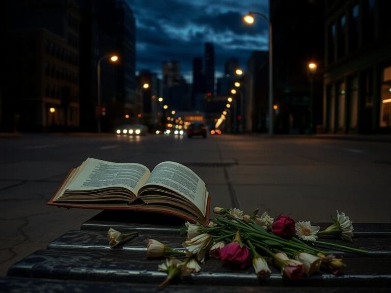 Flick International A somber urban landscape of an empty Chicago street at dusk, featuring a weathered bench and wilted flowers.
