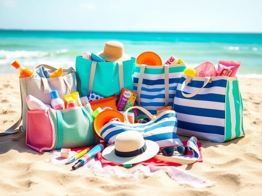 Flick International A vibrant beach scene showcasing various stylish beach bags filled with sunscreen and snacks