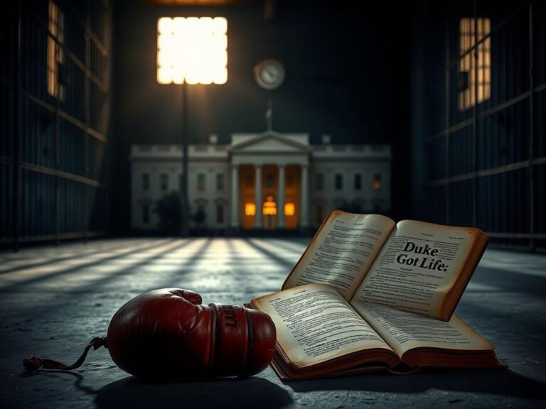 Flick International A dimly-lit prison cell with an old boxing glove and a tattered book titled 'Duke Got Life' symbolizing lost dreams and hope