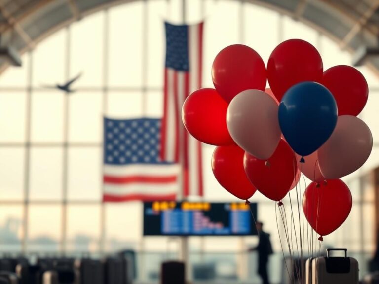 Flick International A serene airport scene showcasing the International Arrivals area with the American flag and festive balloons.