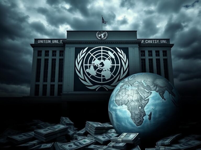Flick International United Nations building against a tumultuous sky with dollar bills and a globe in the foreground