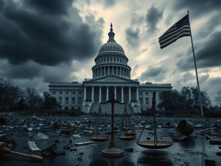 Flick International A dramatic view of the U.S. Capitol building under stormy skies, with shattered glass and debris symbolizing the Jan. 6 Capitol riot chaos