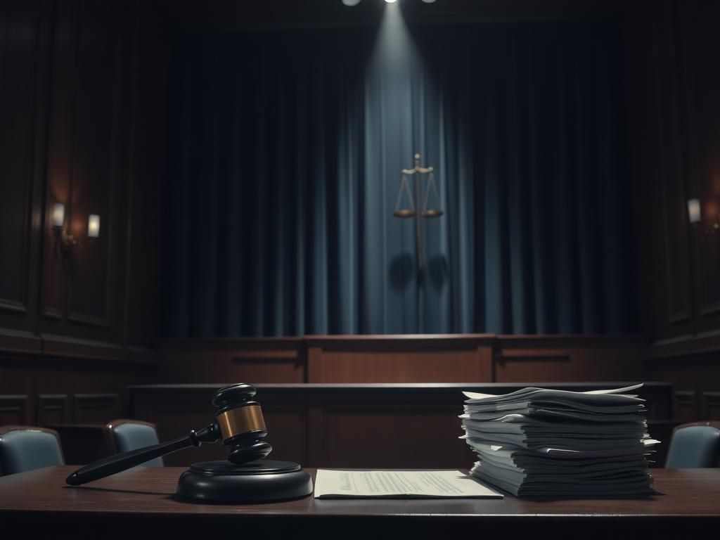 Flick International A somber courtroom scene with an empty witness stand and a gavel on a desk
