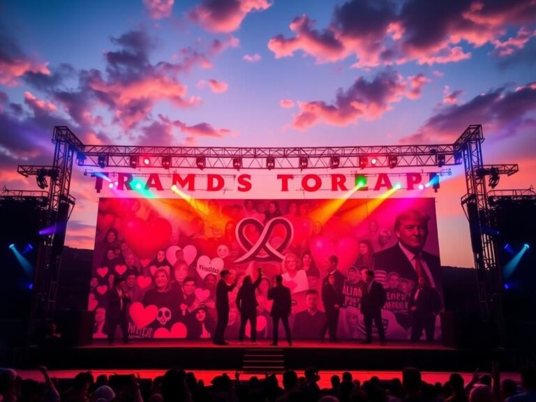 Flick International A vibrant stage at a concert featuring abstract political imagery and symbols of love and friendship.