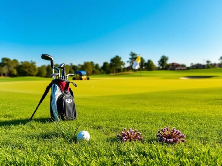 Flick International A vibrant golf fairway scene at the U.S. Senior Open featuring a neatly arranged golf bag and a strategically placed golf ball.